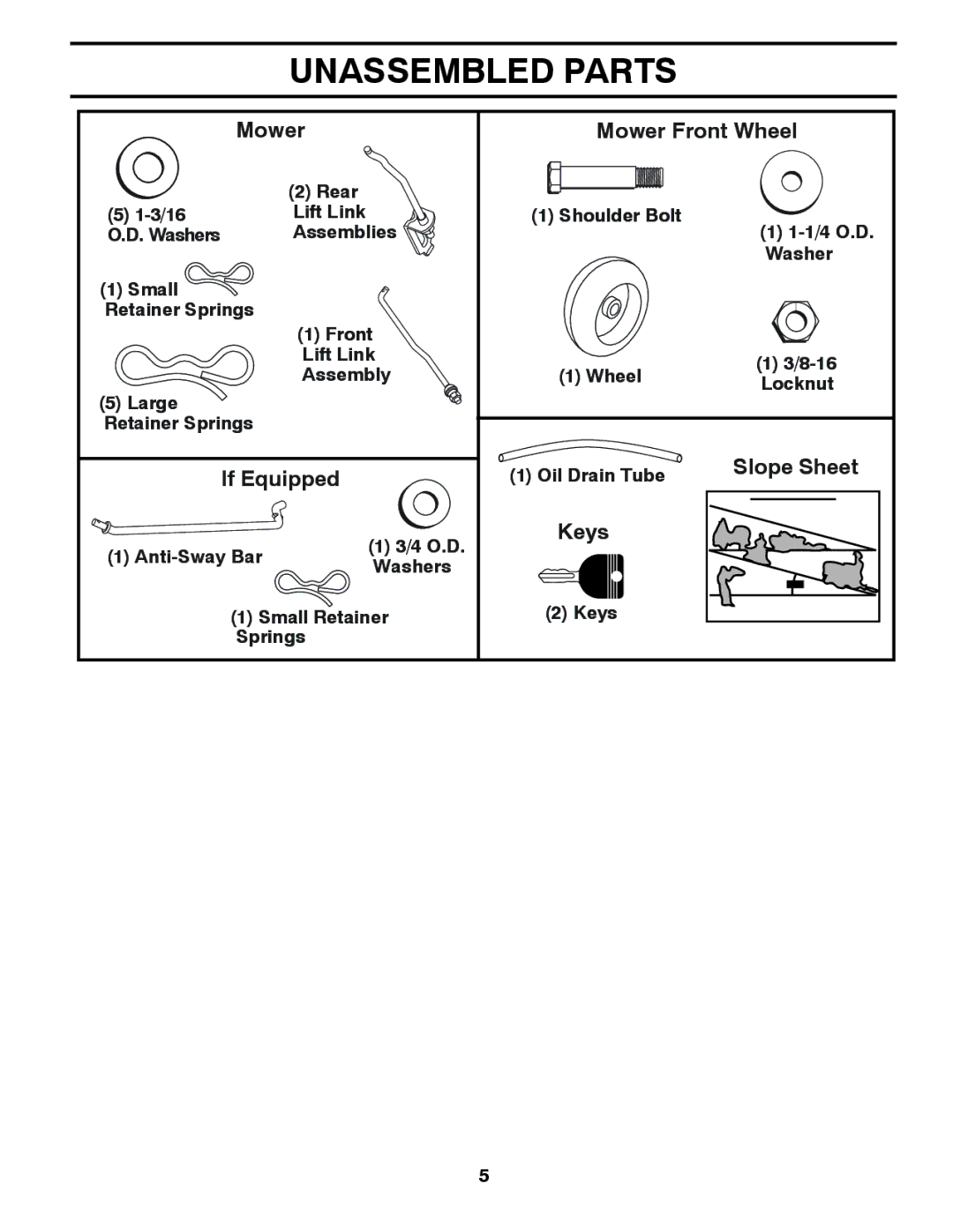 Husqvarna LGT24K54 owner manual Unassembled Parts, Rear 3/16 Lift Link Shoulder Bolt 1/4 O.D, Oil Drain Tube 