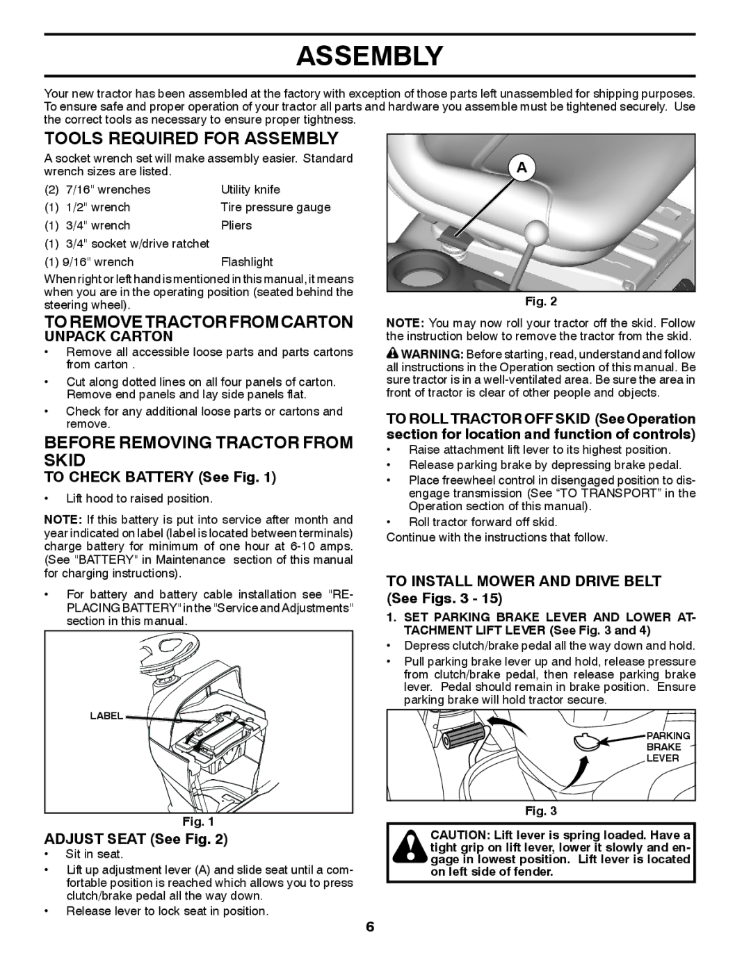 Husqvarna LGT24K54 owner manual Tools Required for Assembly, Before Removing Tractor from Skid 