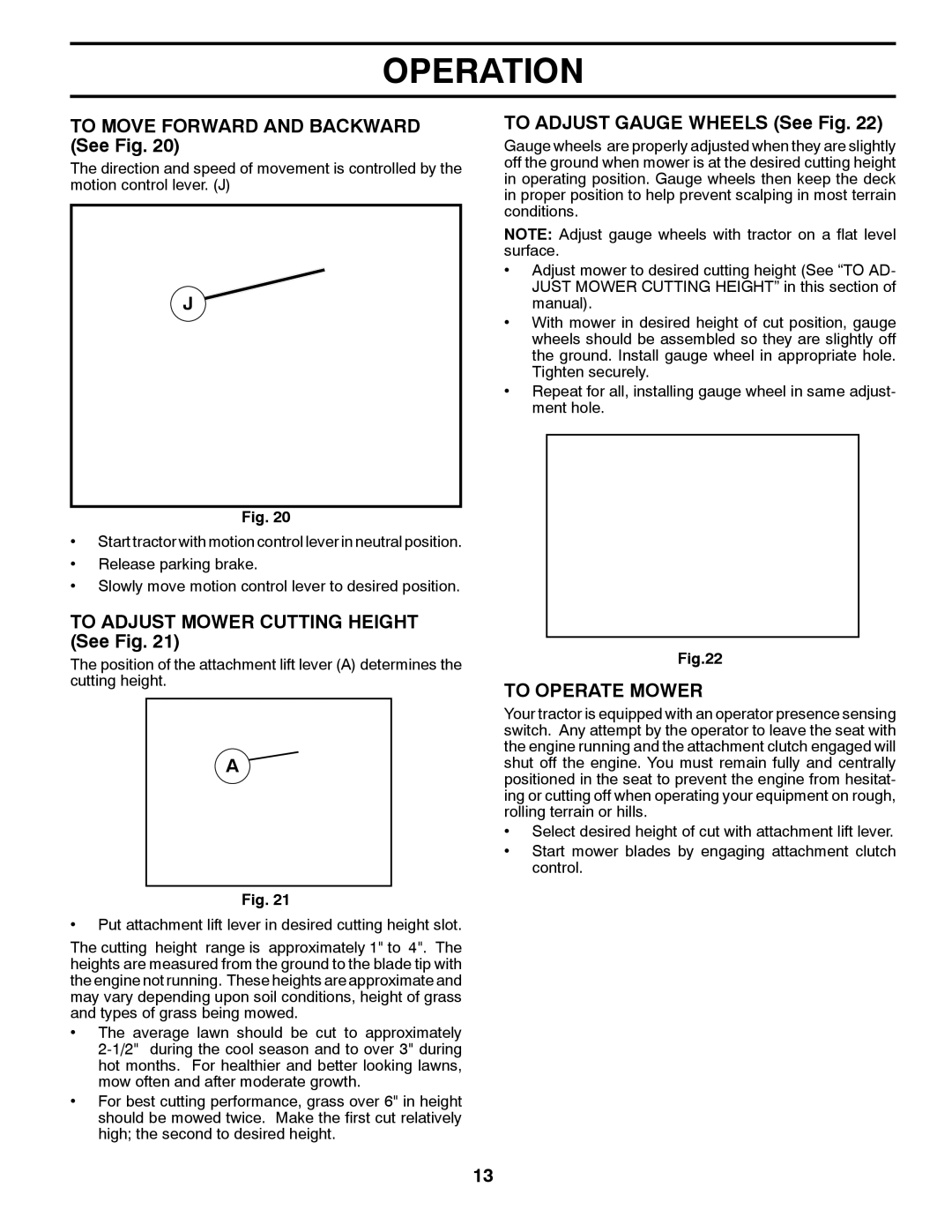 Husqvarna LGT24K54 To Move Forward and Backward See Fig, To Adjust Mower Cutting Height See Fig, To Operate Mower 