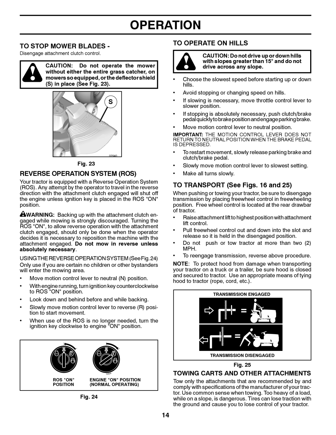 Husqvarna LGT24K54 To Stop Mower Blades, Reverse Operation System ROS, To Operate on Hills, To Transport See Figs 