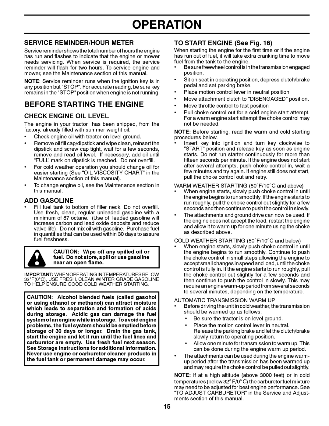 Husqvarna LGT24K54 Before Starting the Engine, Service REMINDER/HOUR Meter, Check Engine OIL Level, ADD Gasoline 