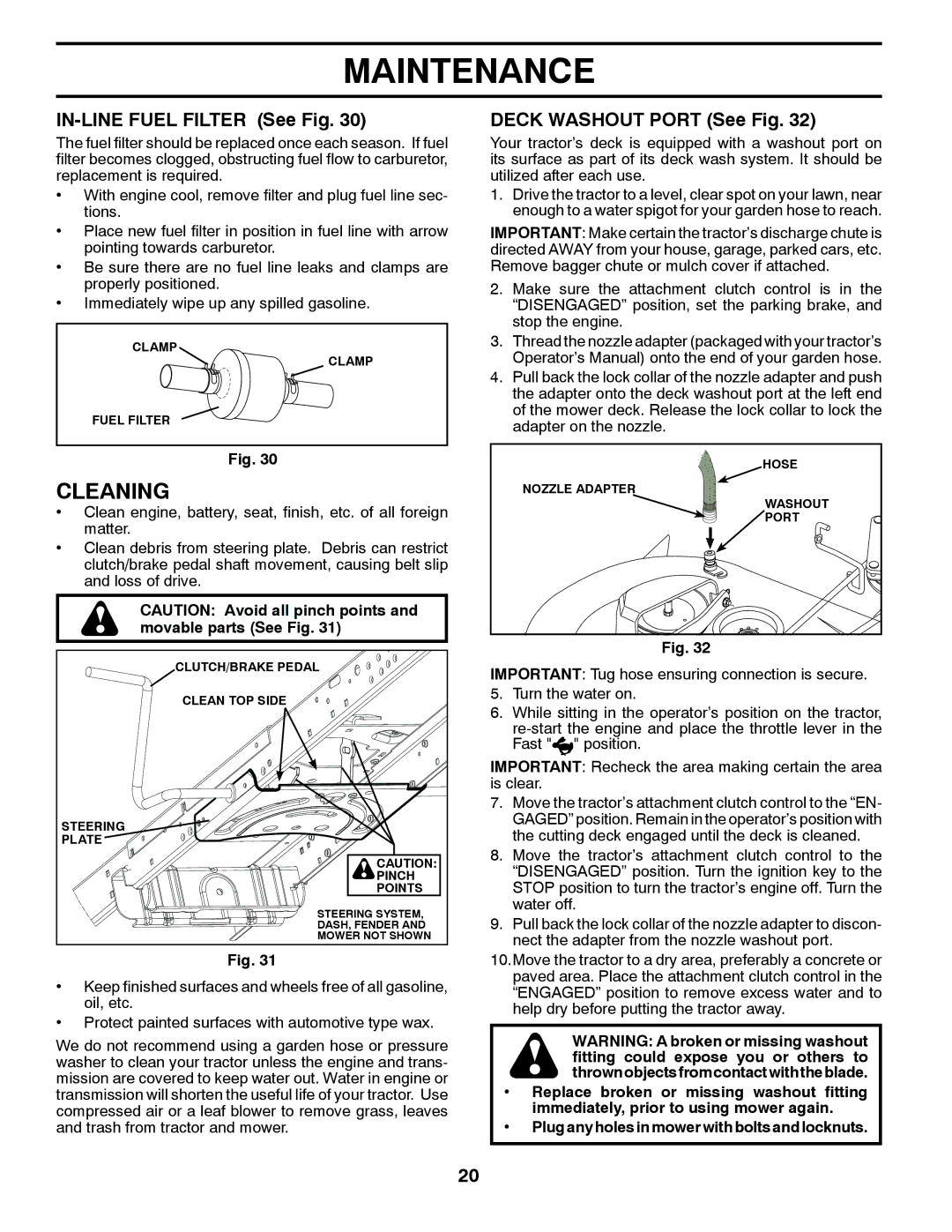 Husqvarna LGT24K54 owner manual Cleaning, IN-LINE Fuel Filter See Fig, Deck Washout Port See Fig 