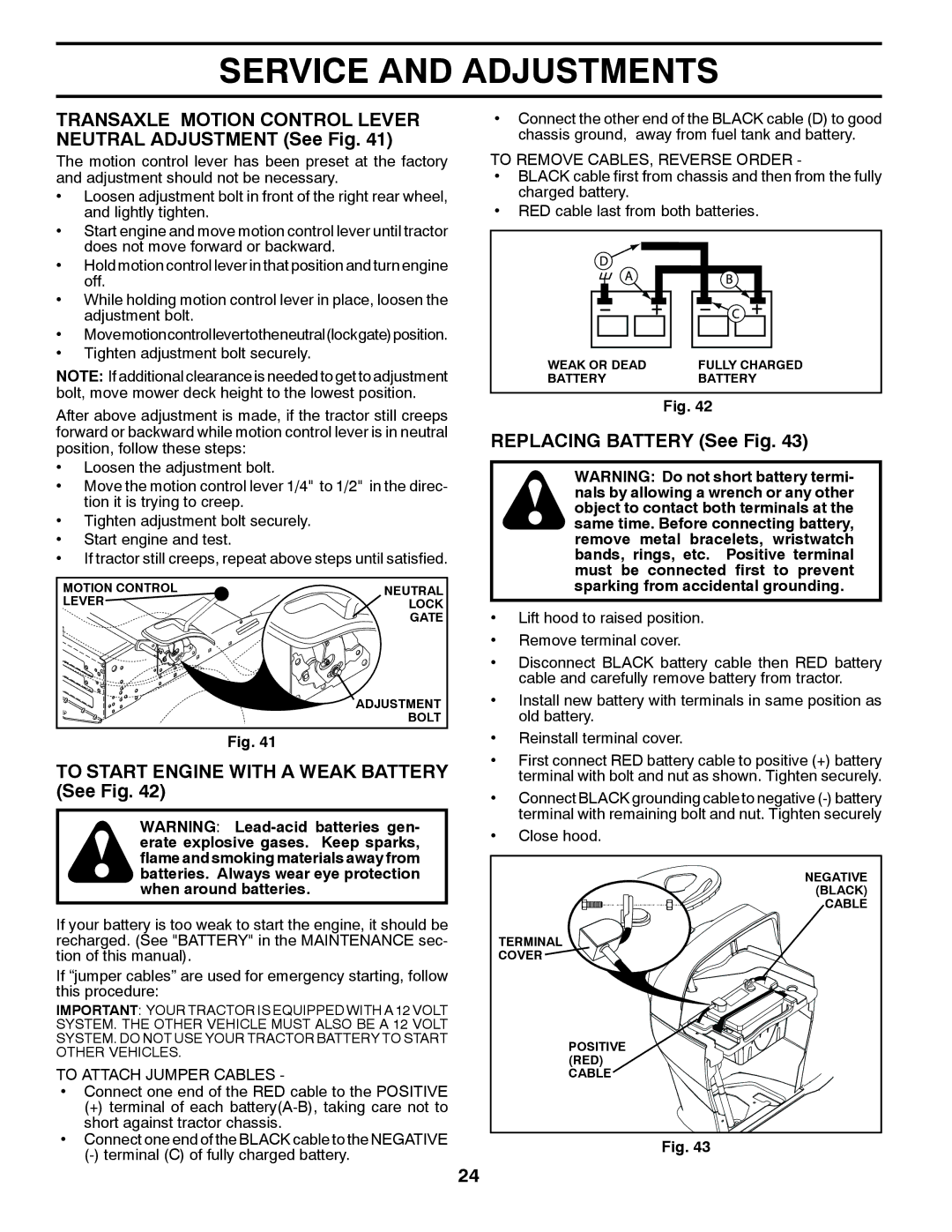 Husqvarna LGT24K54 Transaxle Motion Control Lever Neutral Adjustment See Fig, To Start Engine with a Weak Battery See Fig 