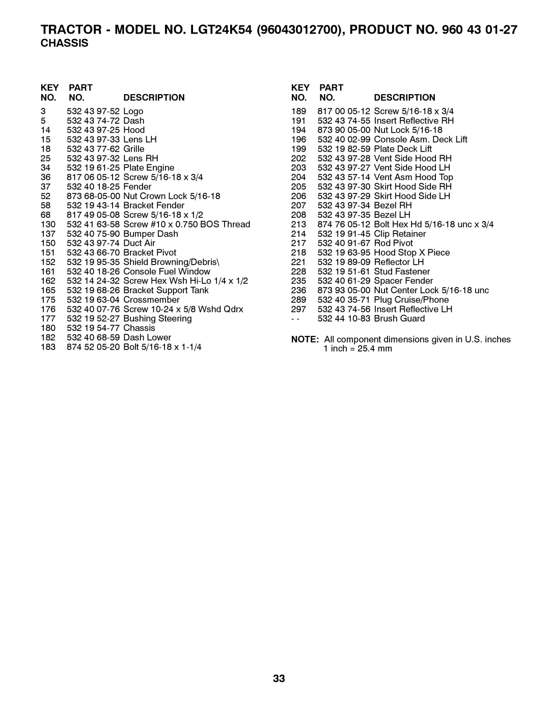 Husqvarna owner manual Tractor Model NO. LGT24K54 96043012700, Product no 43 