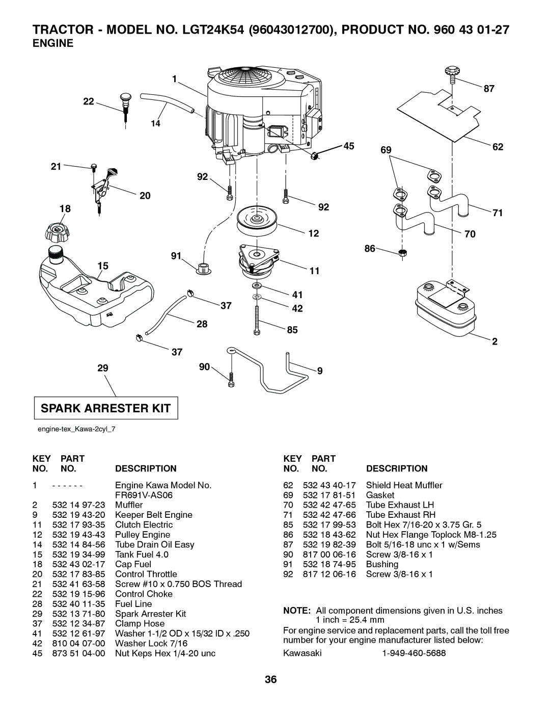 Husqvarna LGT24K54 owner manual Engine, KEY Part NO. NO. Description 