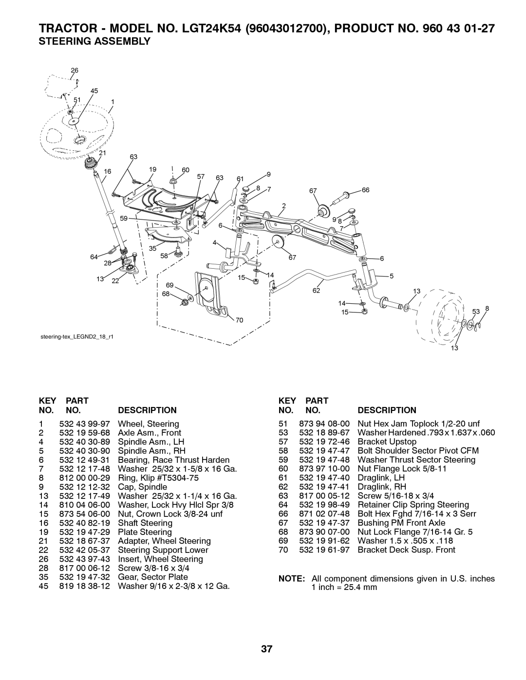 Husqvarna LGT24K54 owner manual Steering Assembly 