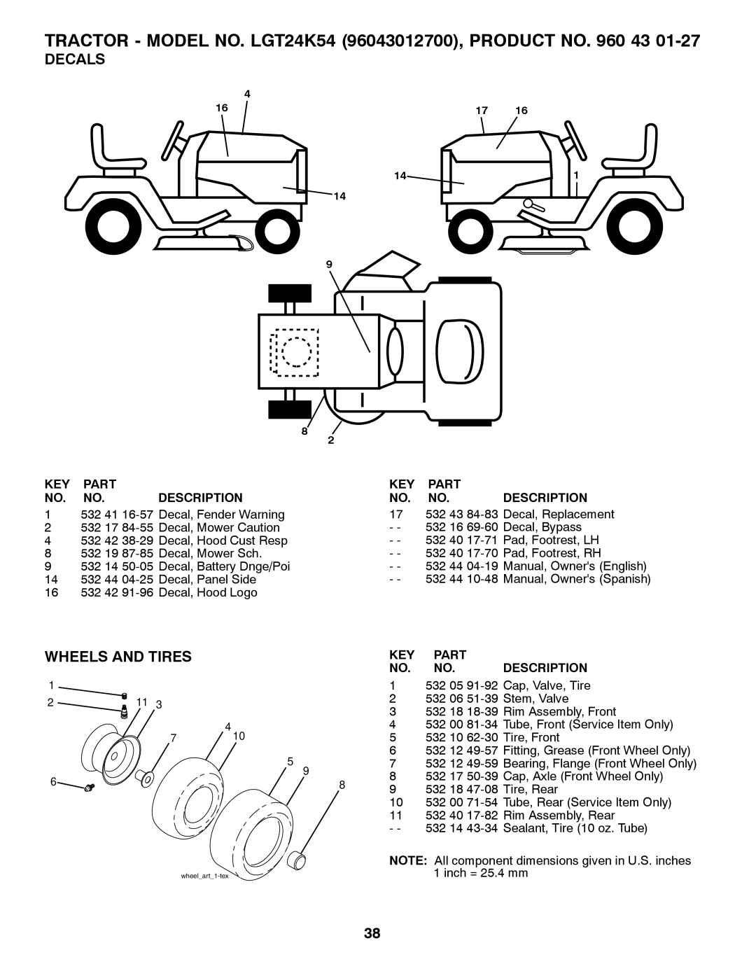 Husqvarna LGT24K54 owner manual Decals, Wheels and Tires 