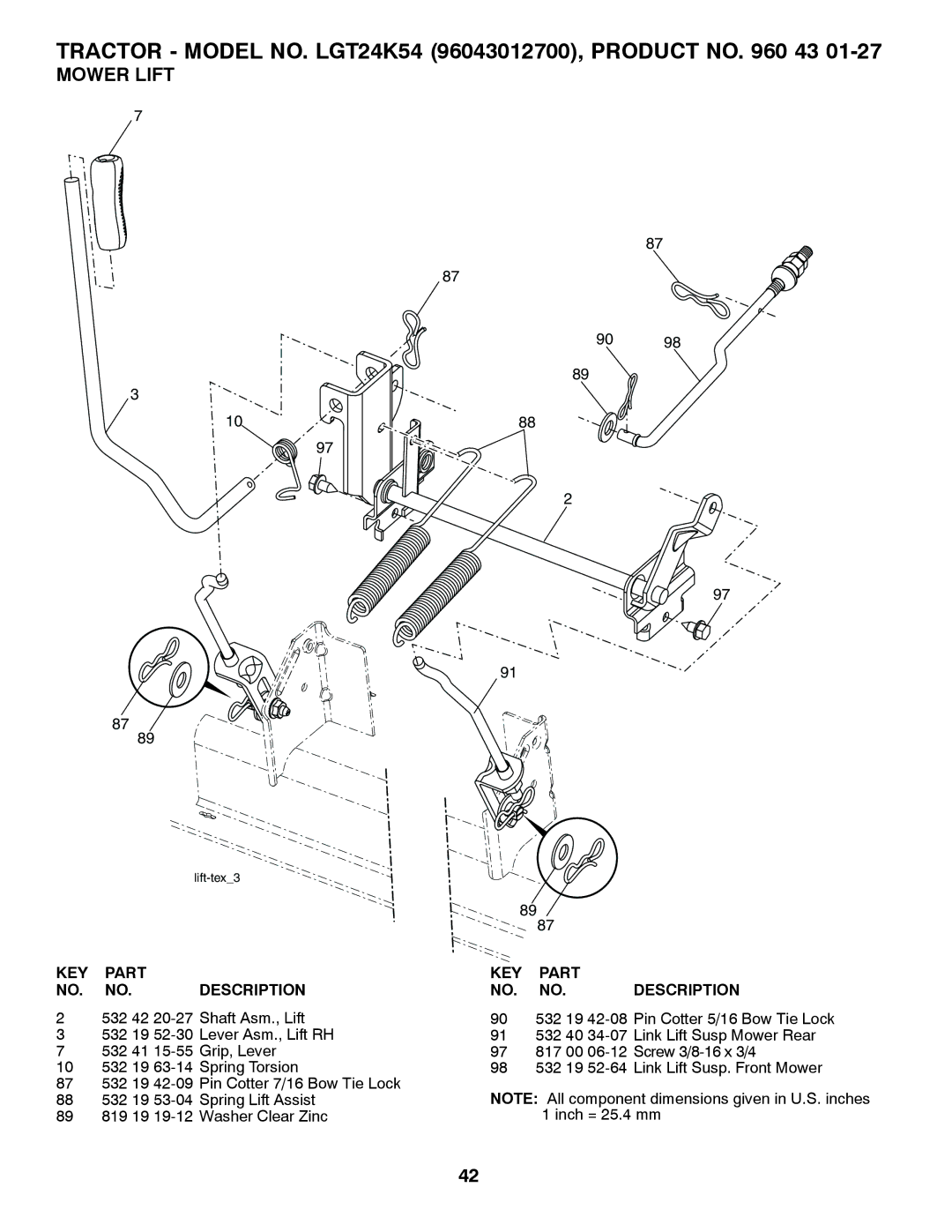 Husqvarna LGT24K54 owner manual Mower Lift 