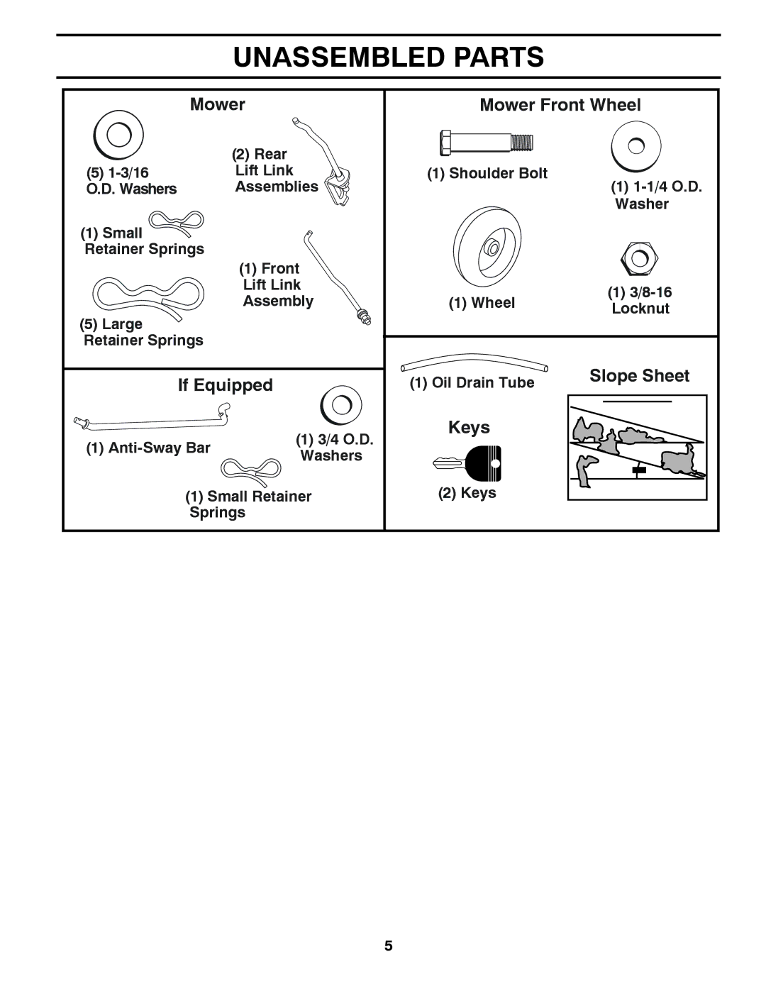 Husqvarna LGT24K54 owner manual Unassembled Parts, Rear 3/16 Lift Link Shoulder Bolt 1/4 O.D, Oil Drain Tube 