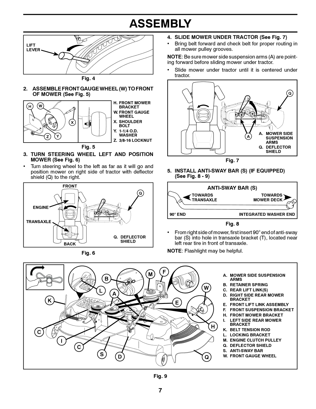 Husqvarna LGT24K54 Turn Steering Wheel Left and Position Mower See Fig, Install ANTI-SWAY BAR S if Equipped See 