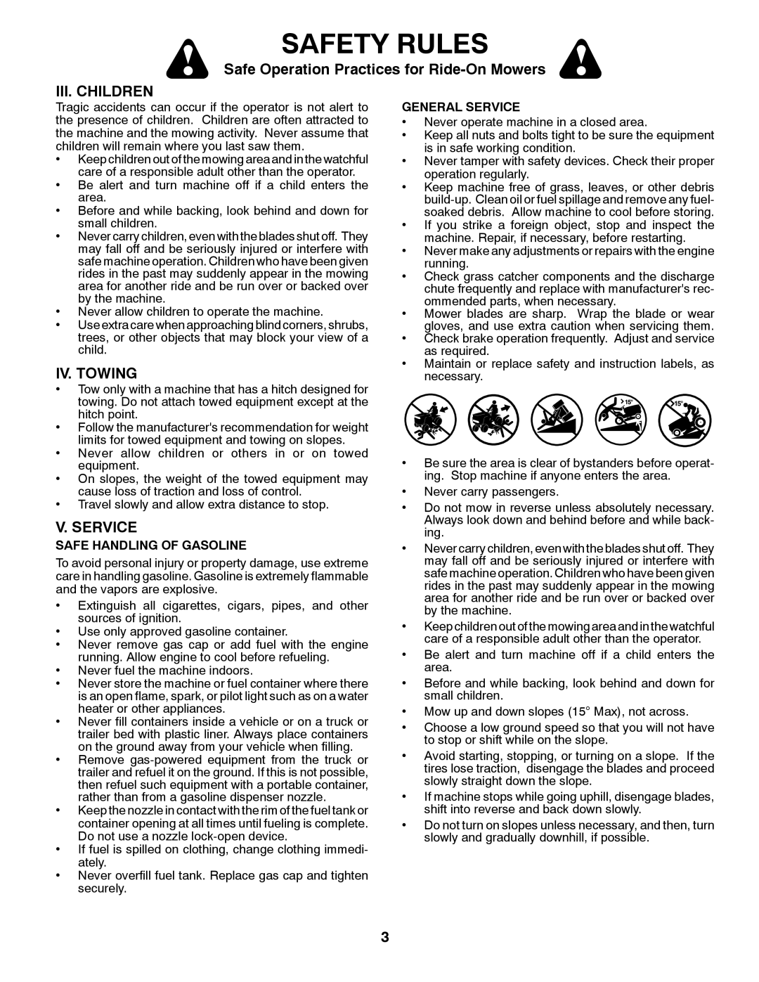 Husqvarna LGT24K54 Iii. Children, Iv. Towing, V. Service, Safety Rules, Safe Operation Practices for Ride-On Mowers 