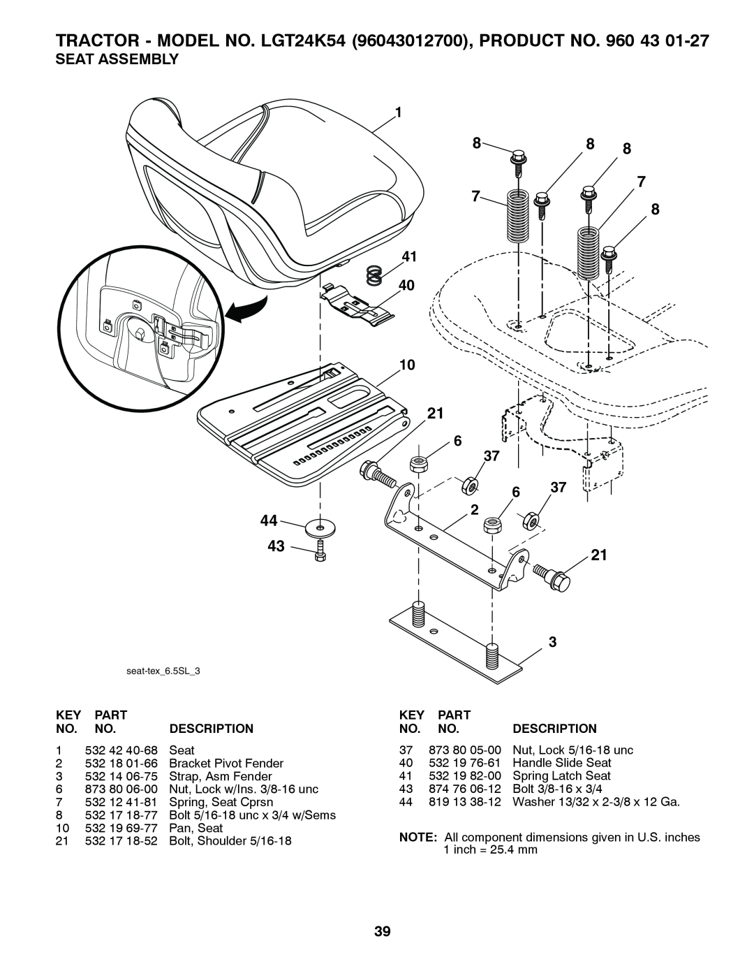 Husqvarna owner manual Seat Assembly, TRACTOR - MODEL NO. LGT24K54 96043012700, PRODUCT NO. 960 43, seat-tex6.5SL3 