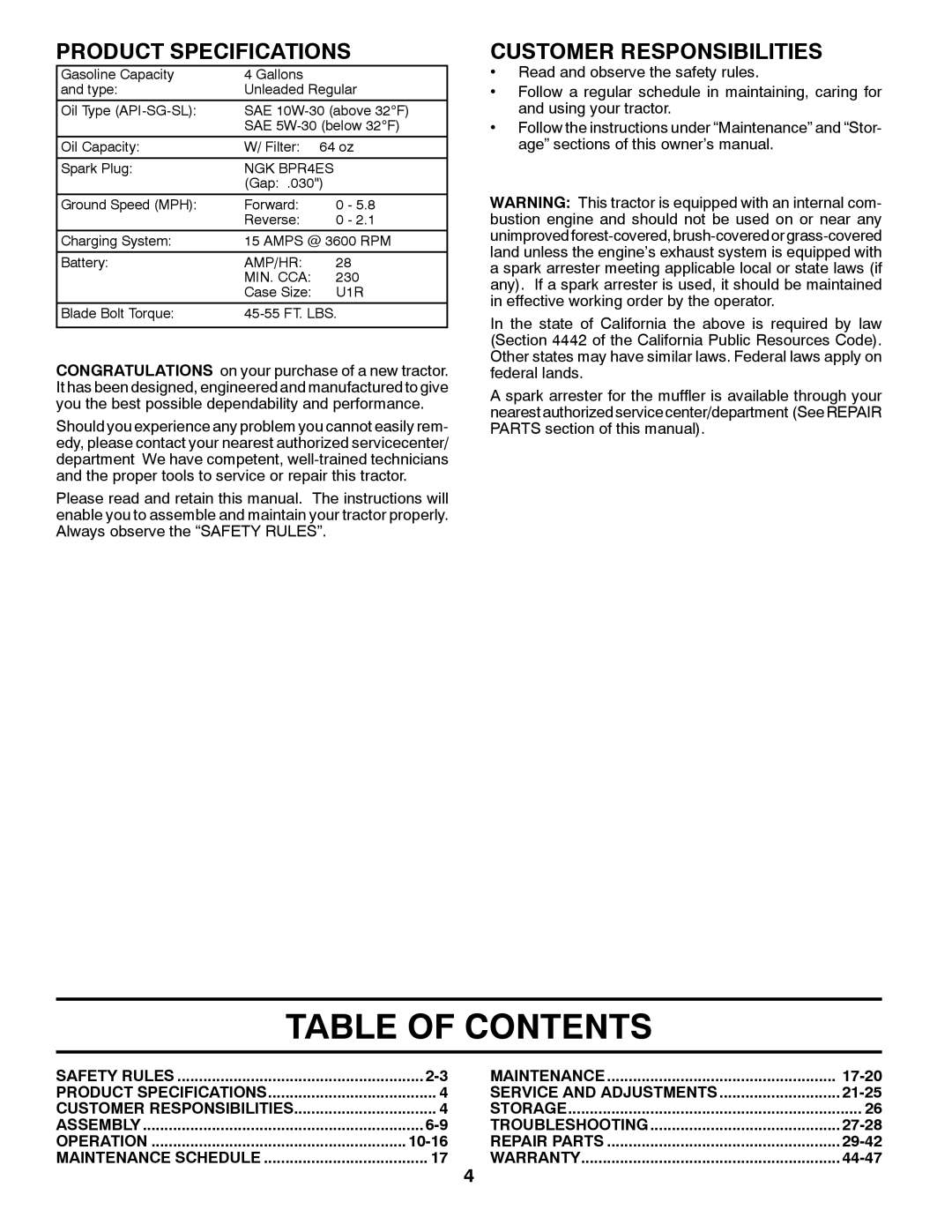 Husqvarna LGT24K54 owner manual Table Of Contents, Product Specifications, Customer Responsibilities 
