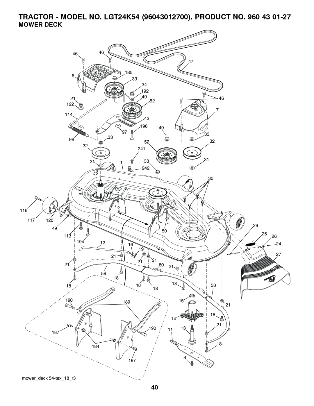 Husqvarna owner manual Mower Deck, TRACTOR - MODEL NO. LGT24K54 96043012700, PRODUCT NO. 960 43 