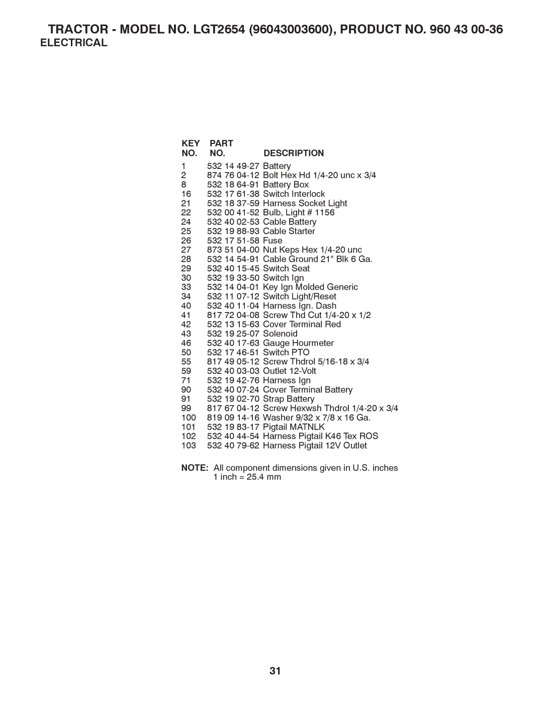 Husqvarna LGT2654 owner manual KEY Part NO. NO. Description 