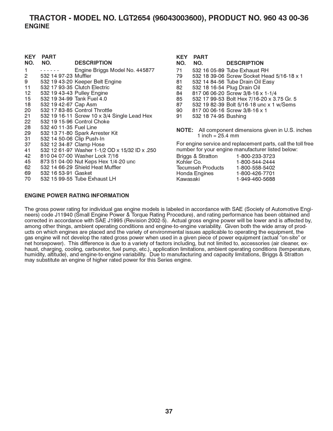 Husqvarna LGT2654 owner manual Engine Power Rating Information KEY Part NO. NO. Description 