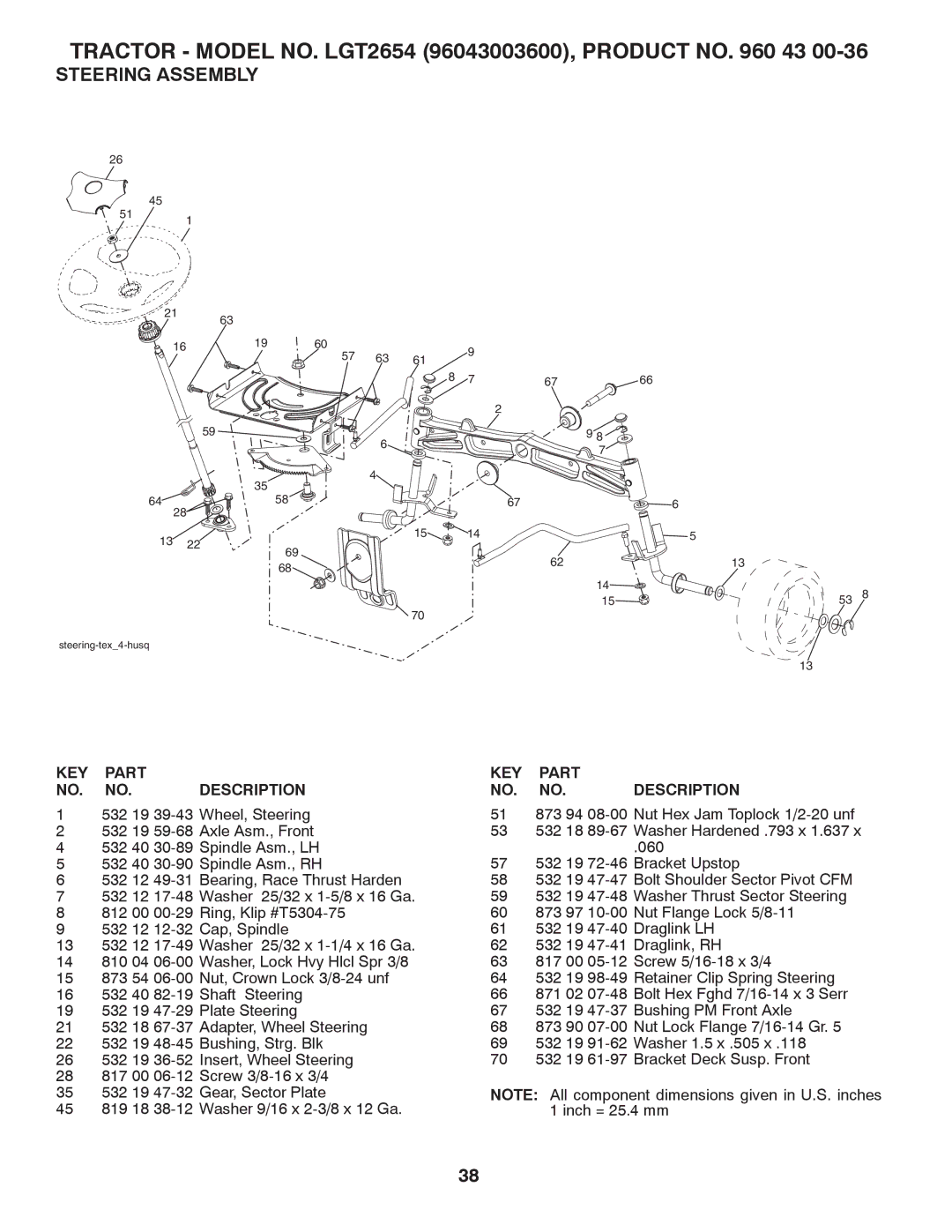 Husqvarna LGT2654 owner manual Steering Assembly, KEY Part Description 