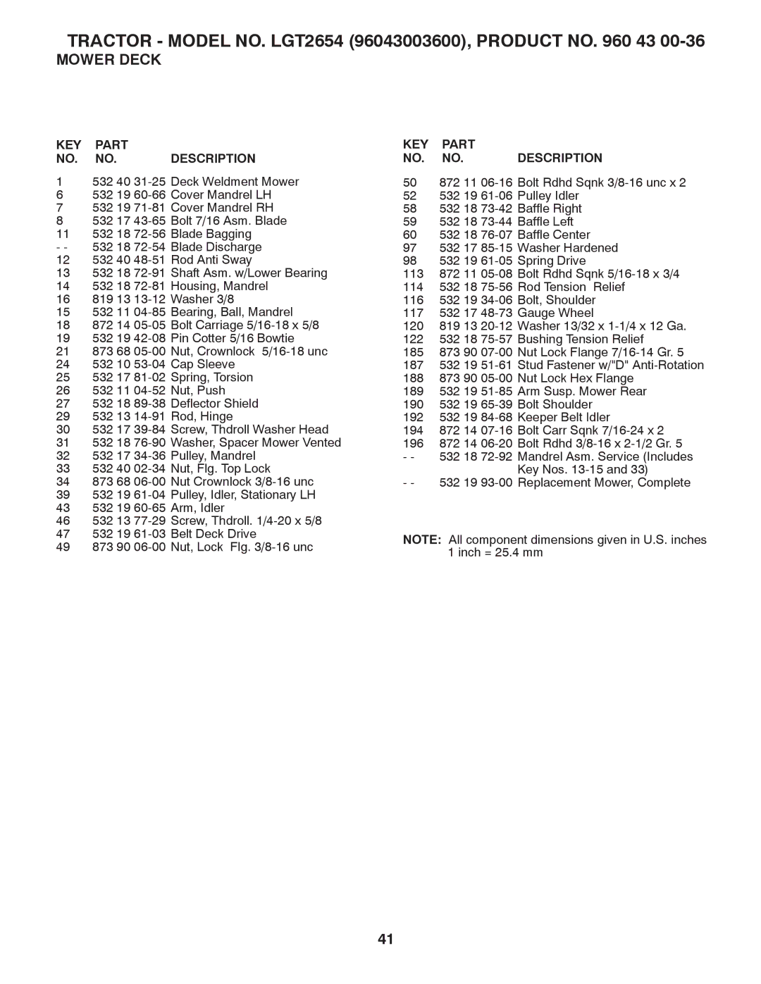 Husqvarna owner manual Tractor Model NO. LGT2654 96043003600, Product no 43 