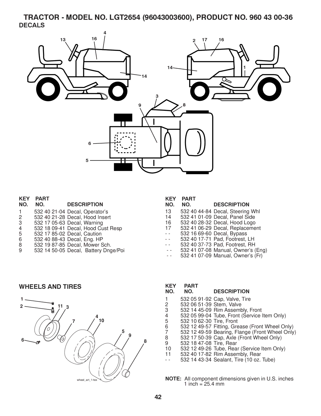 Husqvarna LGT2654 owner manual Decals, Wheels and Tires 