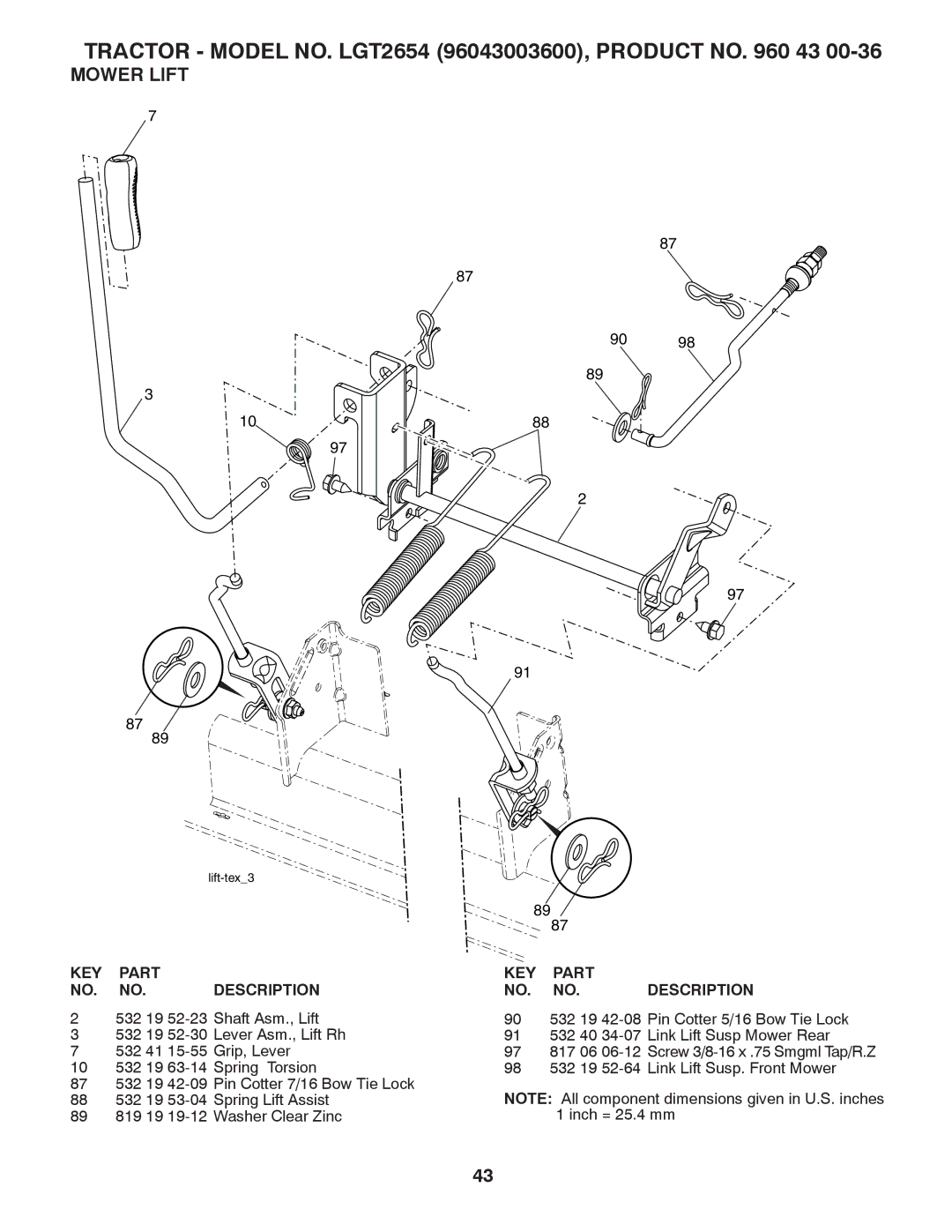 Husqvarna LGT2654 owner manual Mower Lift 