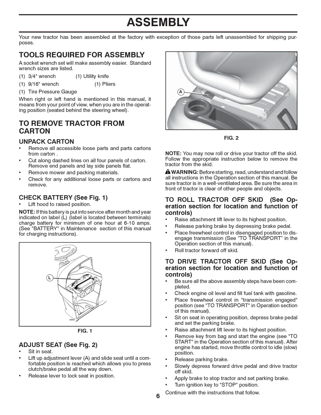 Husqvarna LGT2654 owner manual Tools Required for Assembly, To Remove Tractor from Carton, Unpack Carton 