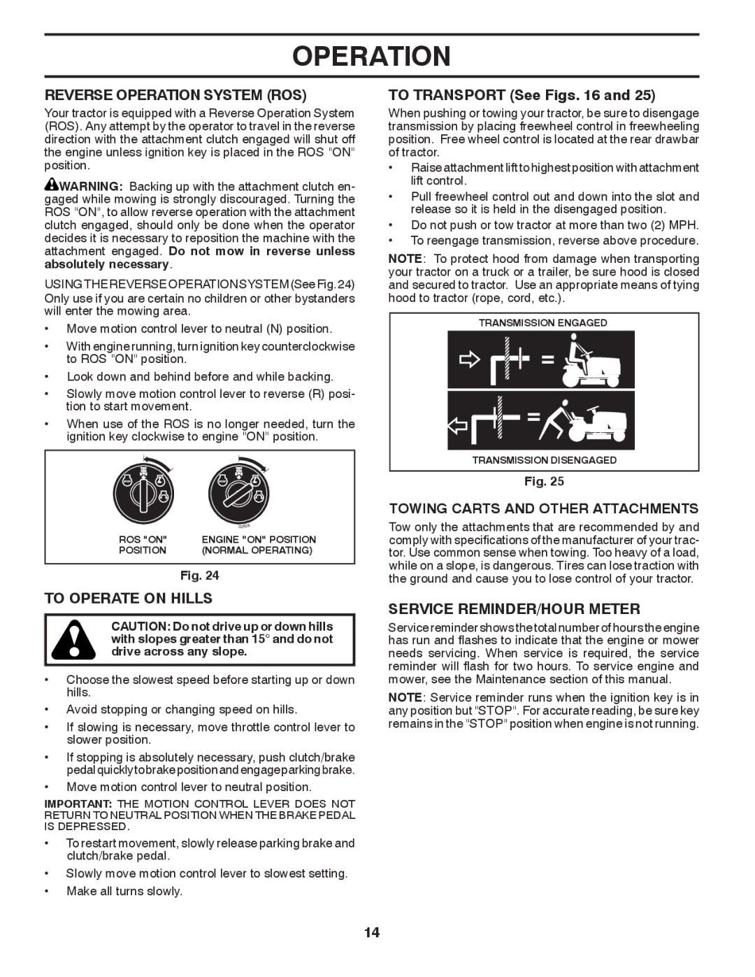 Husqvarna LGTH2454 Reverse Operation System ROS, To Operate on Hills, To Transport See Figs, Service REMINDER/HOUR Meter 