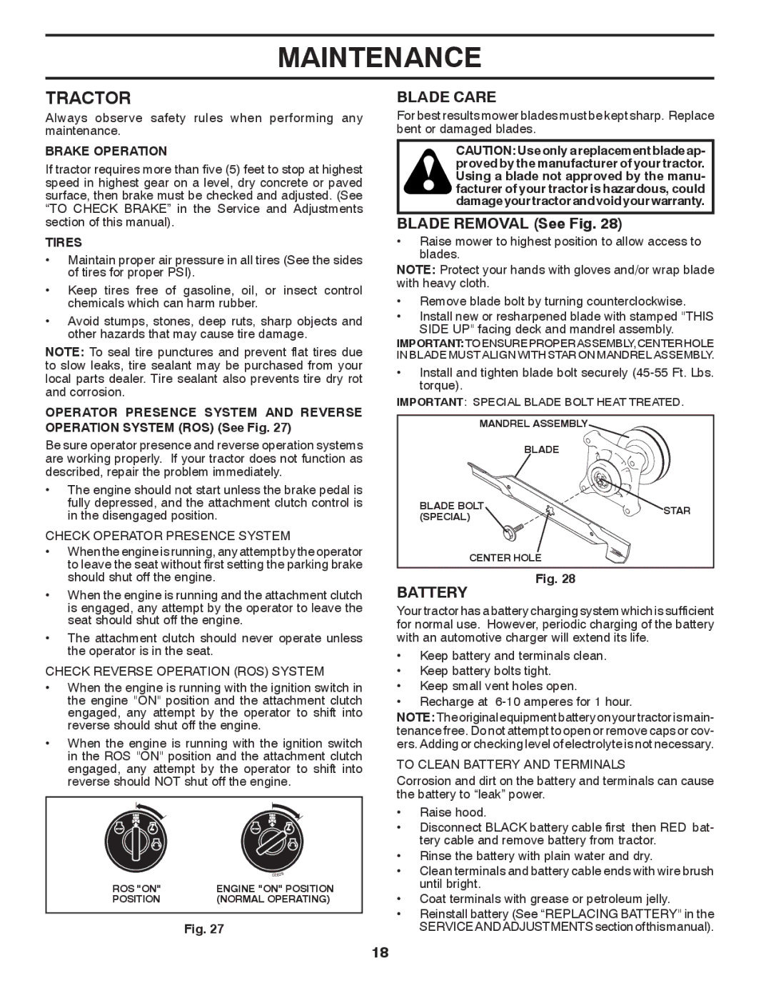 Husqvarna LGTH2454 owner manual Tractor, Blade Care, Blade Removal See Fig, Battery 