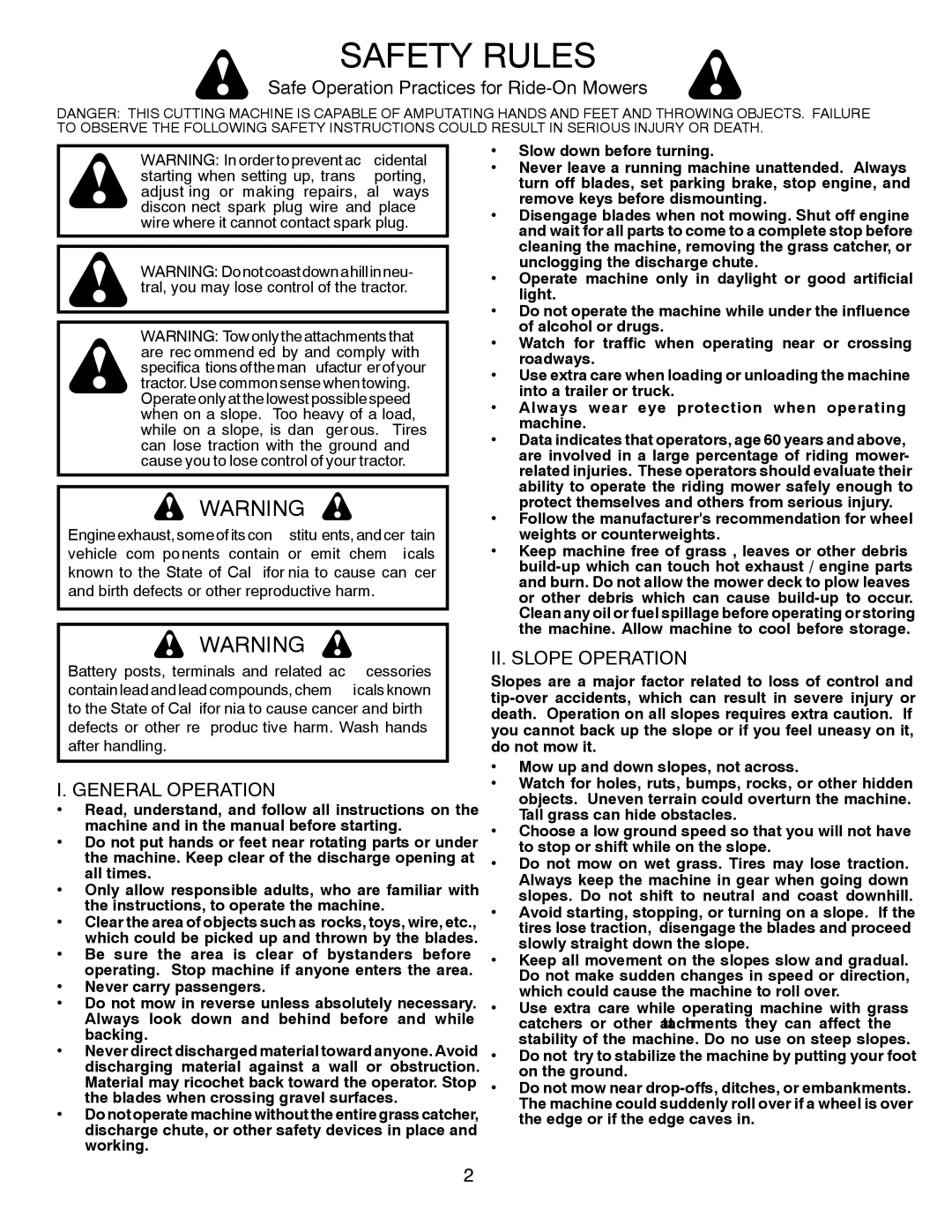 Husqvarna LGTH2454 Safety Rules, Safe Operation Practices for Ride-On Mowers, General Operation, II. Slope Operation 