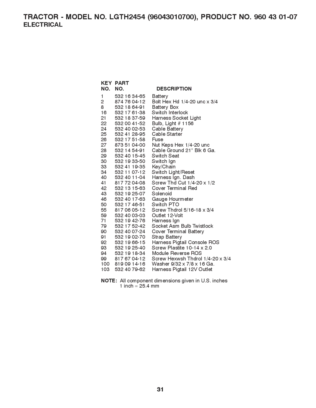 Husqvarna LGTH2454 owner manual Electrical, KEY Part Description 