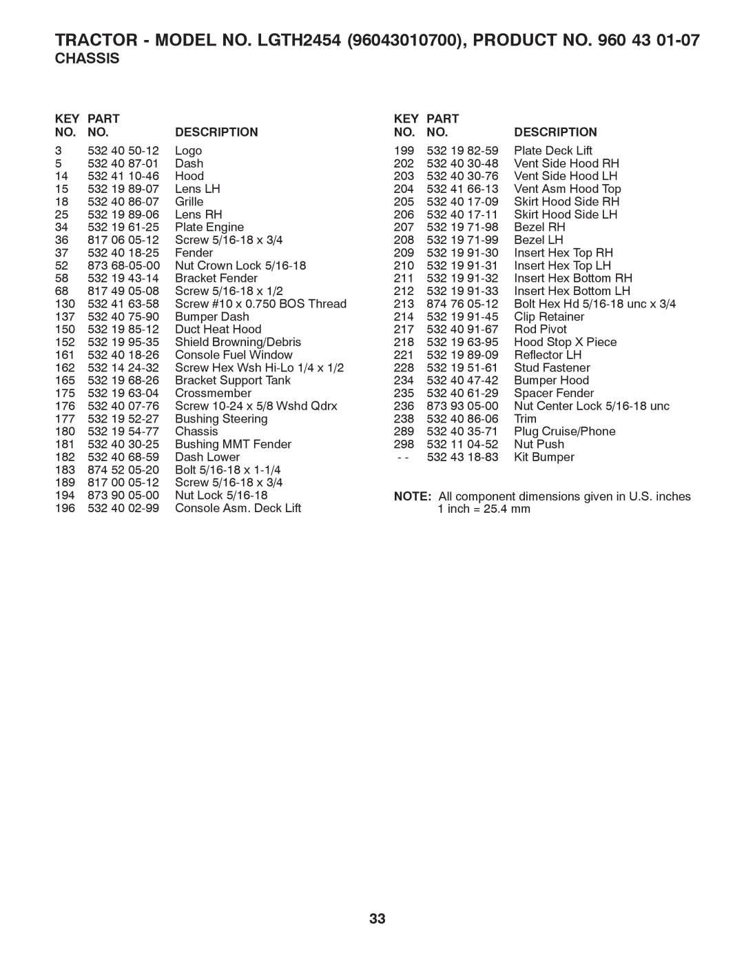 Husqvarna owner manual Tractor Model NO. LGTH2454 96043010700, Product no 43 