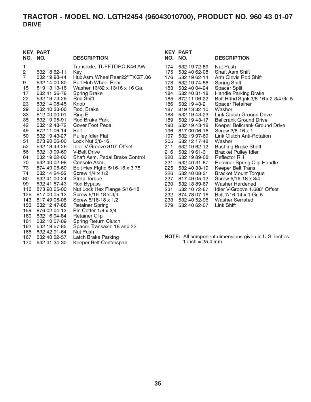 Husqvarna LGTH2454 owner manual Bolt Rdhd Sqnk 3/8-16 x 2-3/4 Gr 