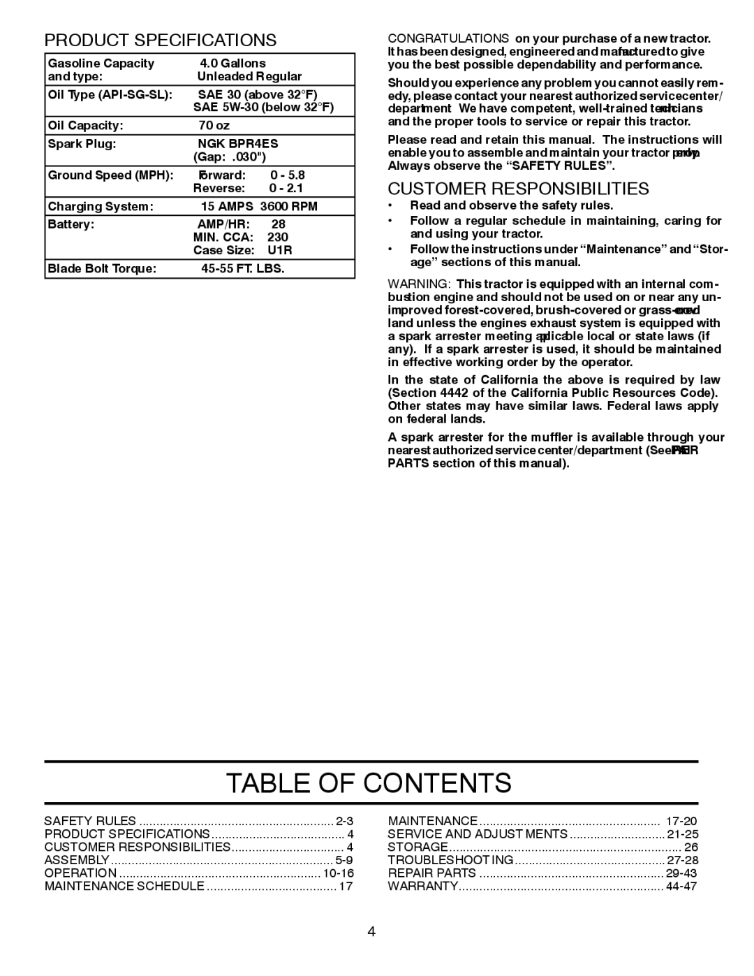 Husqvarna LGTH2454 owner manual Table of Contents 