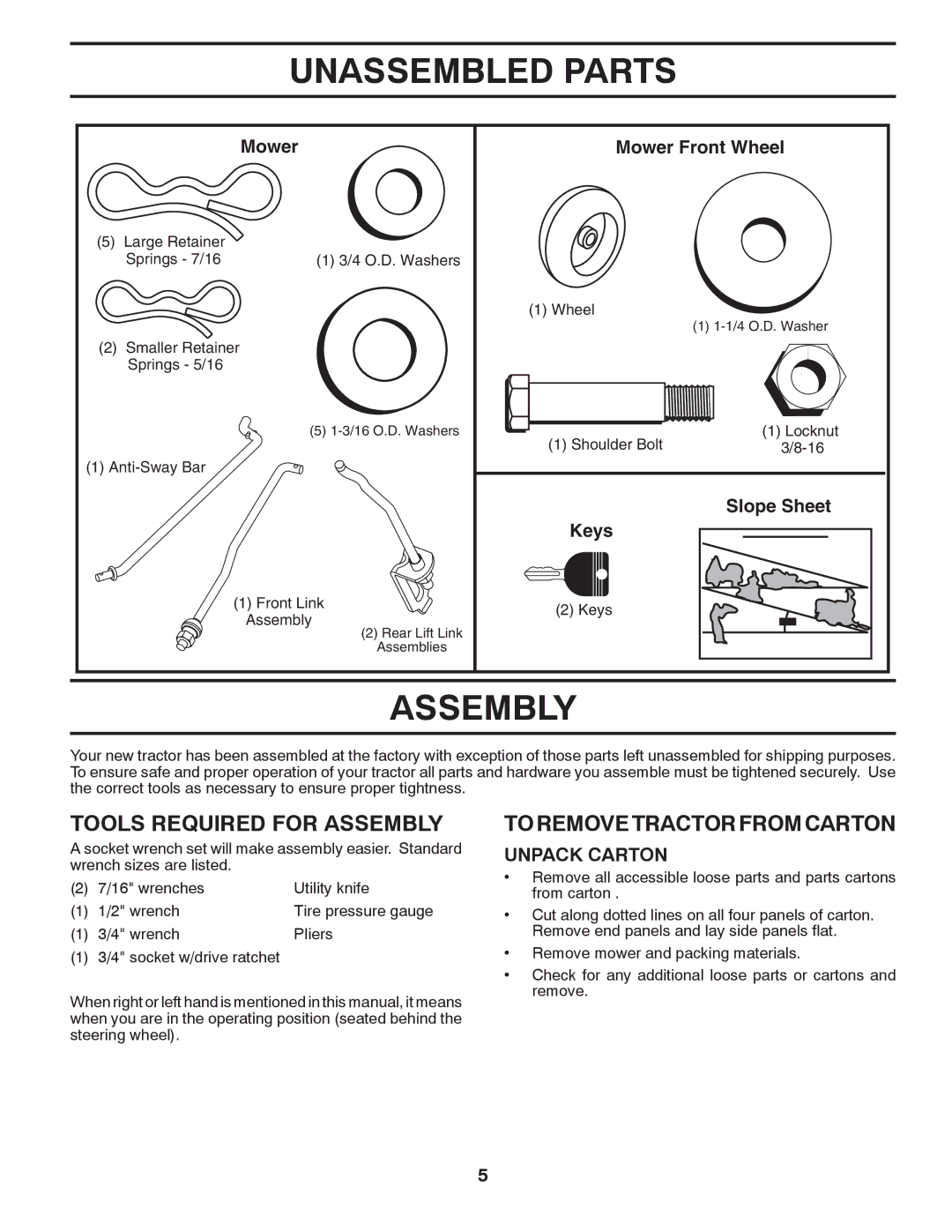 Husqvarna LGTH2454 Unassembled Parts, Tools Required for Assembly, Toremovetractorfromcarton, Unpack Carton 