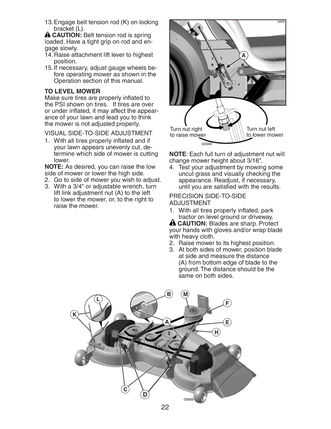 Husqvarna LOGTH2448T manual To Level Mower, Precision SIDE-TO-SIDE Adjustment 