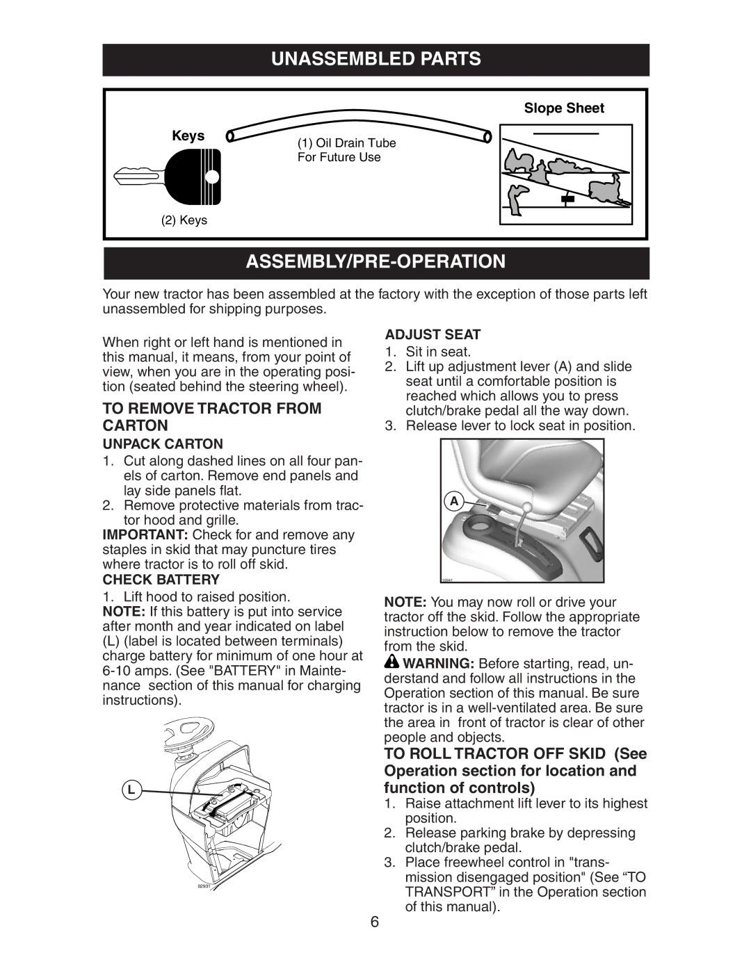 Husqvarna LOGTH2448T manual Unassembled Parts, Assembly/Pre-Operation, To Remove Tractor from Carton 