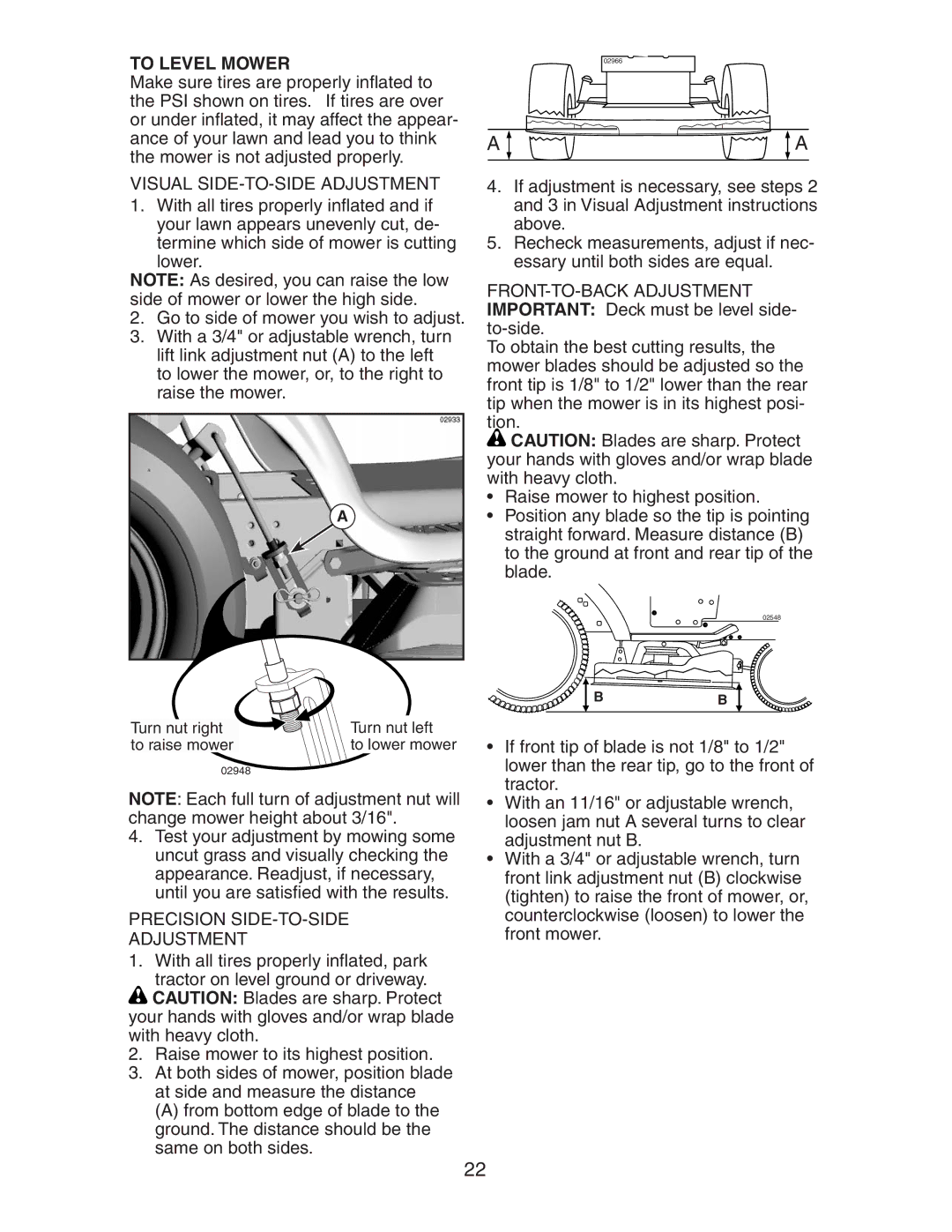 Husqvarna LOYTH20F42T manual To Level Mower, Visual SIDE-TO-SIDE Adjustment, Precision SIDE-TO-SIDE Adjustment 