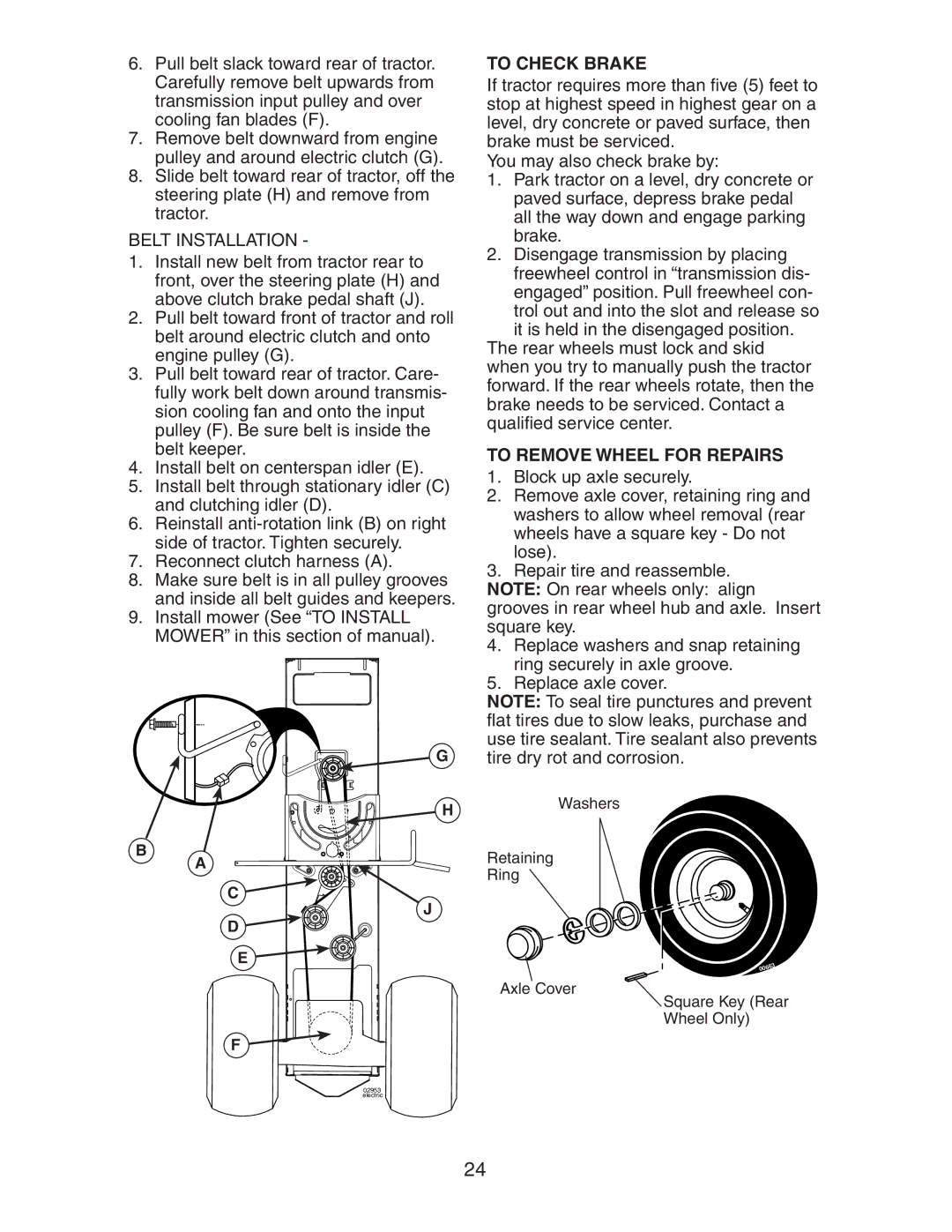 Husqvarna LOYTH20F42T manual Belt Installation, To Check Brake, To Remove Wheel for Repairs 