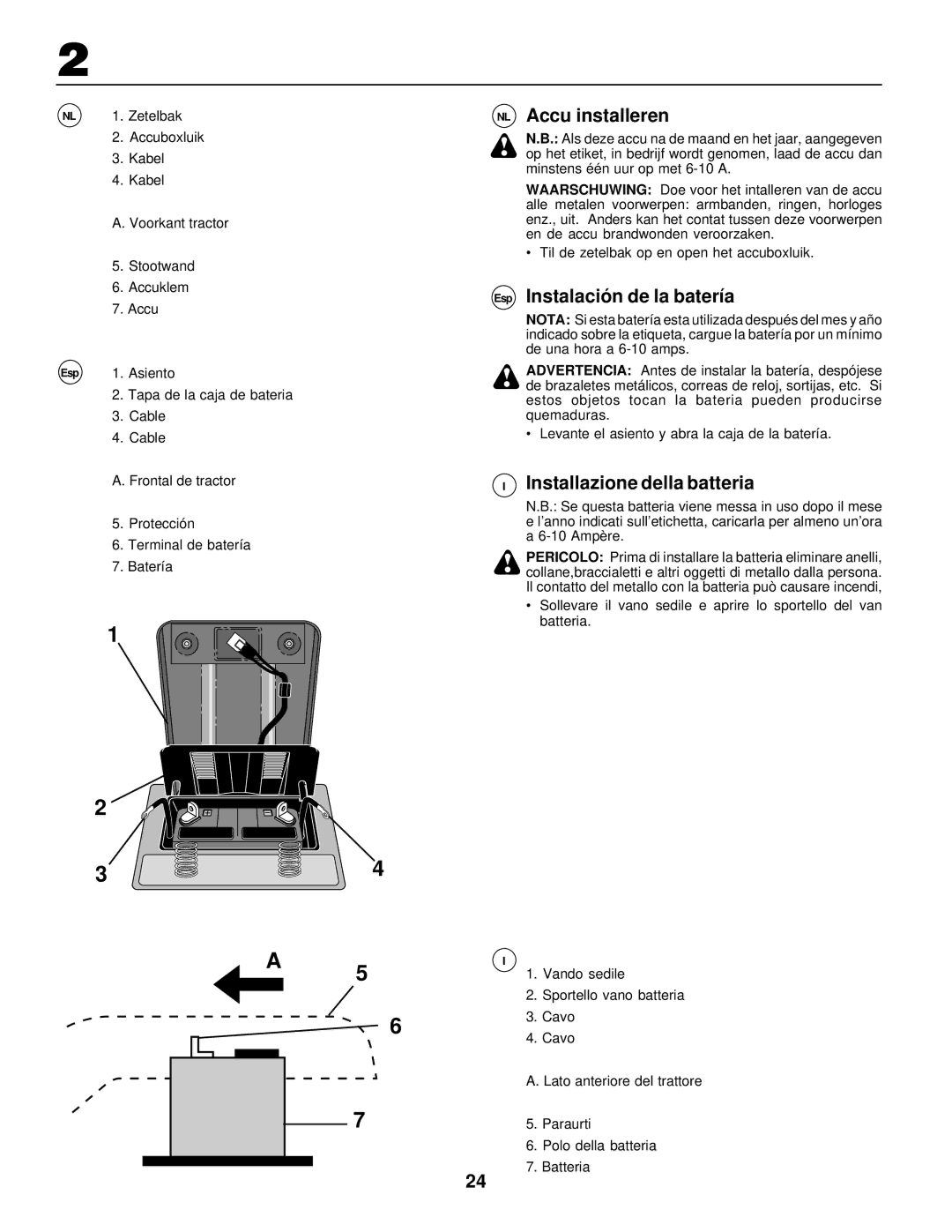 Husqvarna LR120, LR 130 instruction manual NL Accu installeren, Esp Instalación de la batería, Installazione della batteria 