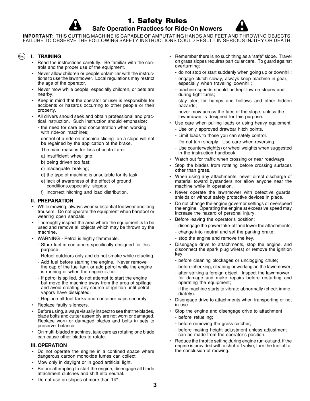 Husqvarna LR 130, LR120 instruction manual Safe Operation Practices for Ride-On Mowers, II. Preparation, III. Operation 