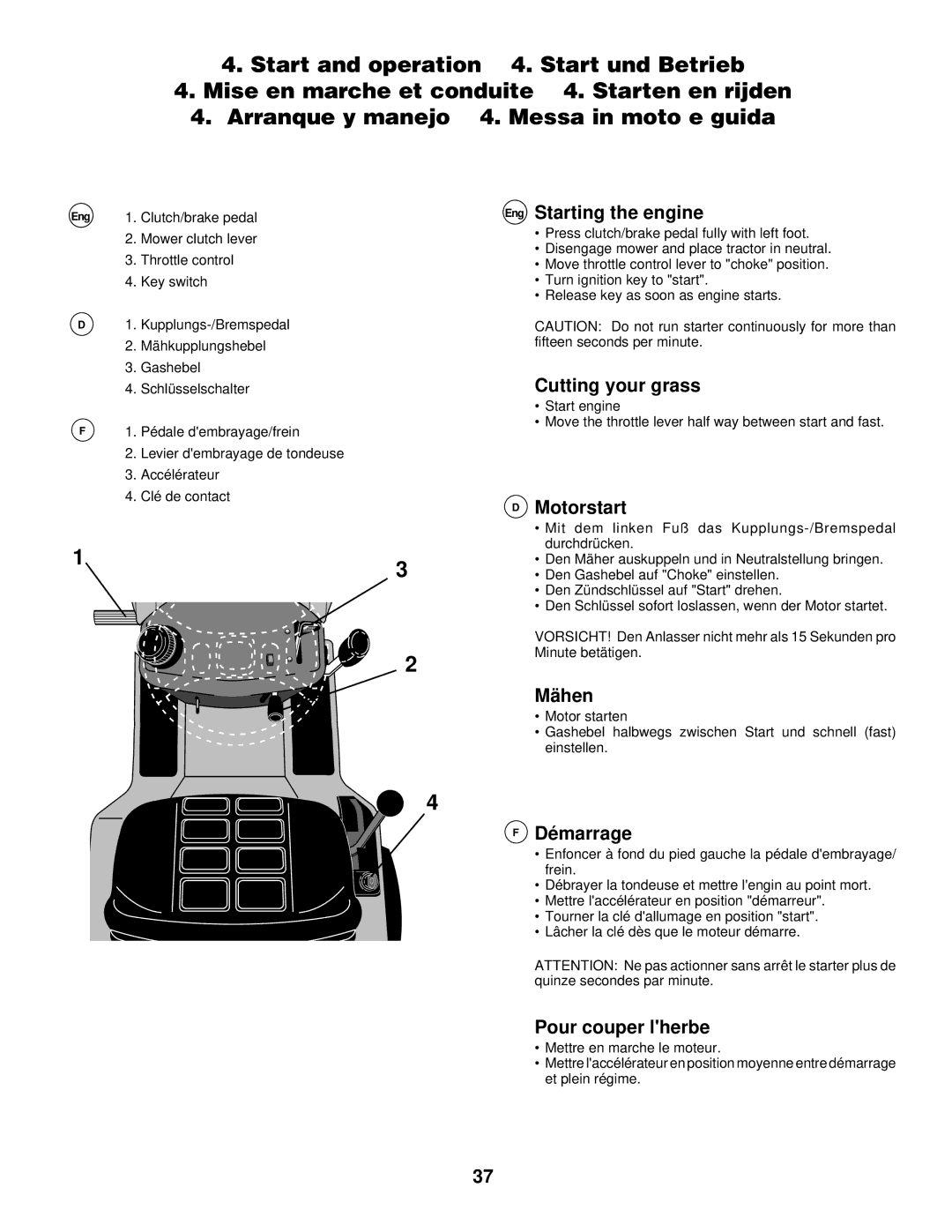 Husqvarna LR 130, LR120 Eng Starting the engine, Cutting your grass, Motorstart, Mähen, Démarrage, Pour couper lherbe 