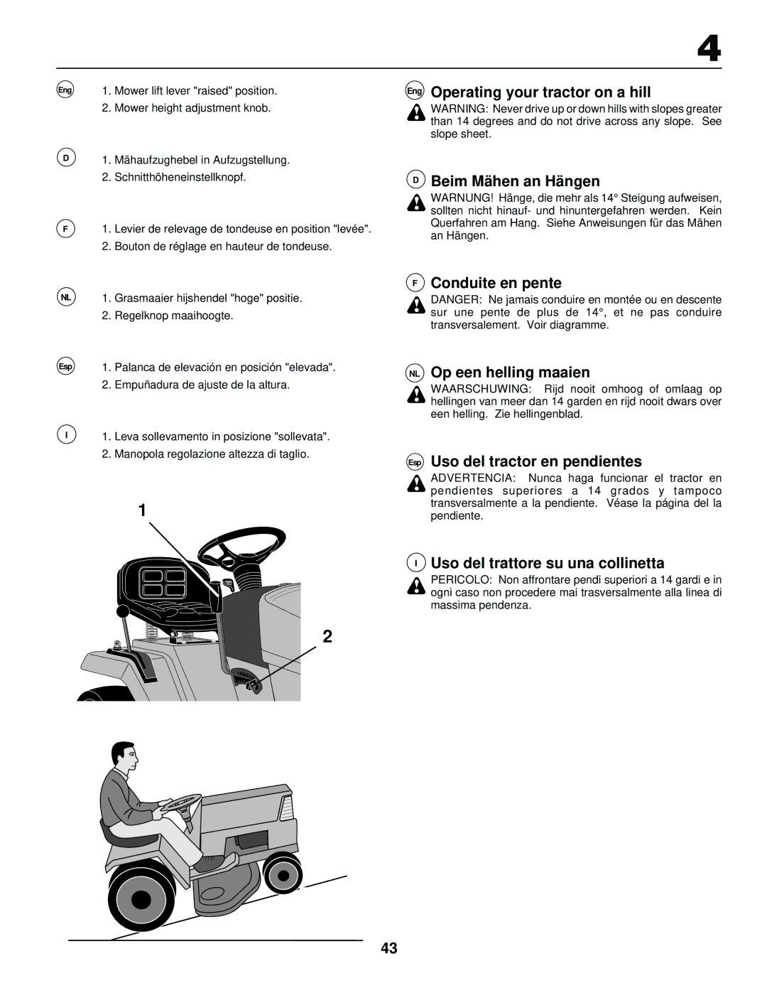 Husqvarna LR 130 Eng Operating your tractor on a hill Beim Mähen an Hängen, Conduite en pente NL Op een helling maaien 