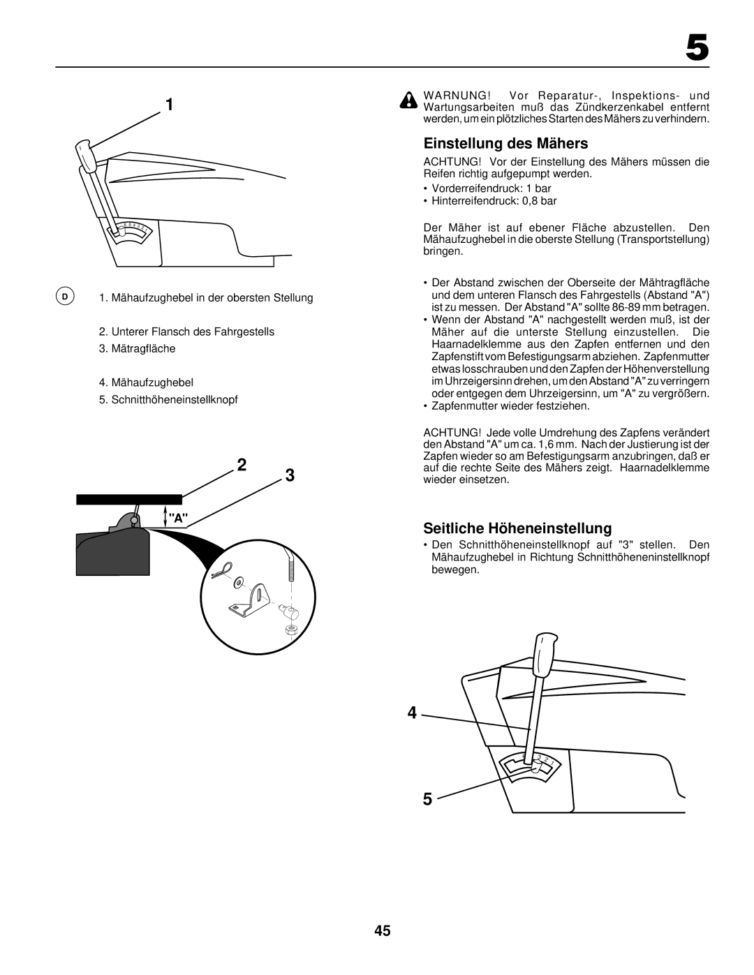 Husqvarna LR 130, LR120 instruction manual Einstellung des Mähers, Seitliche Höheneinstellung 