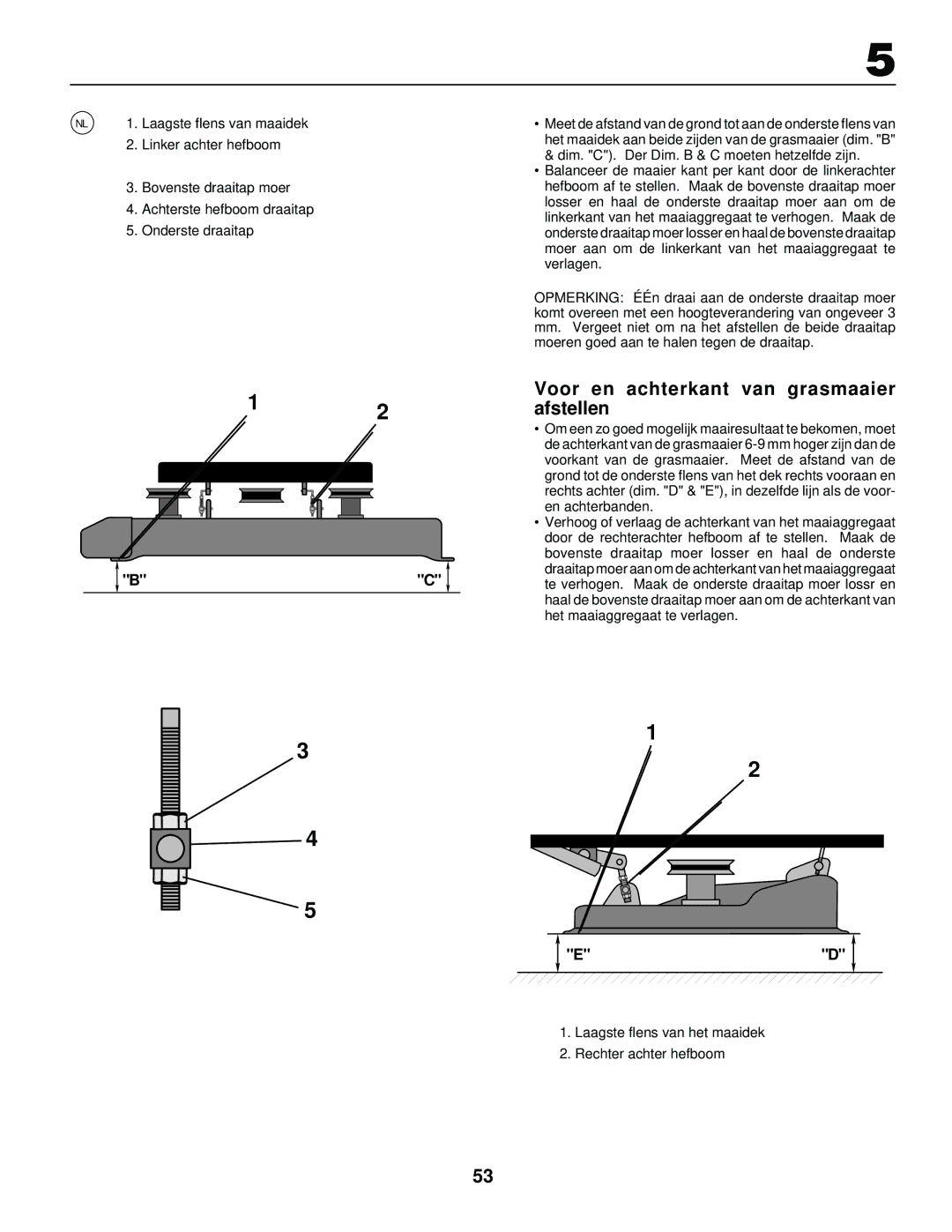 Husqvarna LR 130, LR120 instruction manual Voor en achterkant van grasmaaier afstellen 