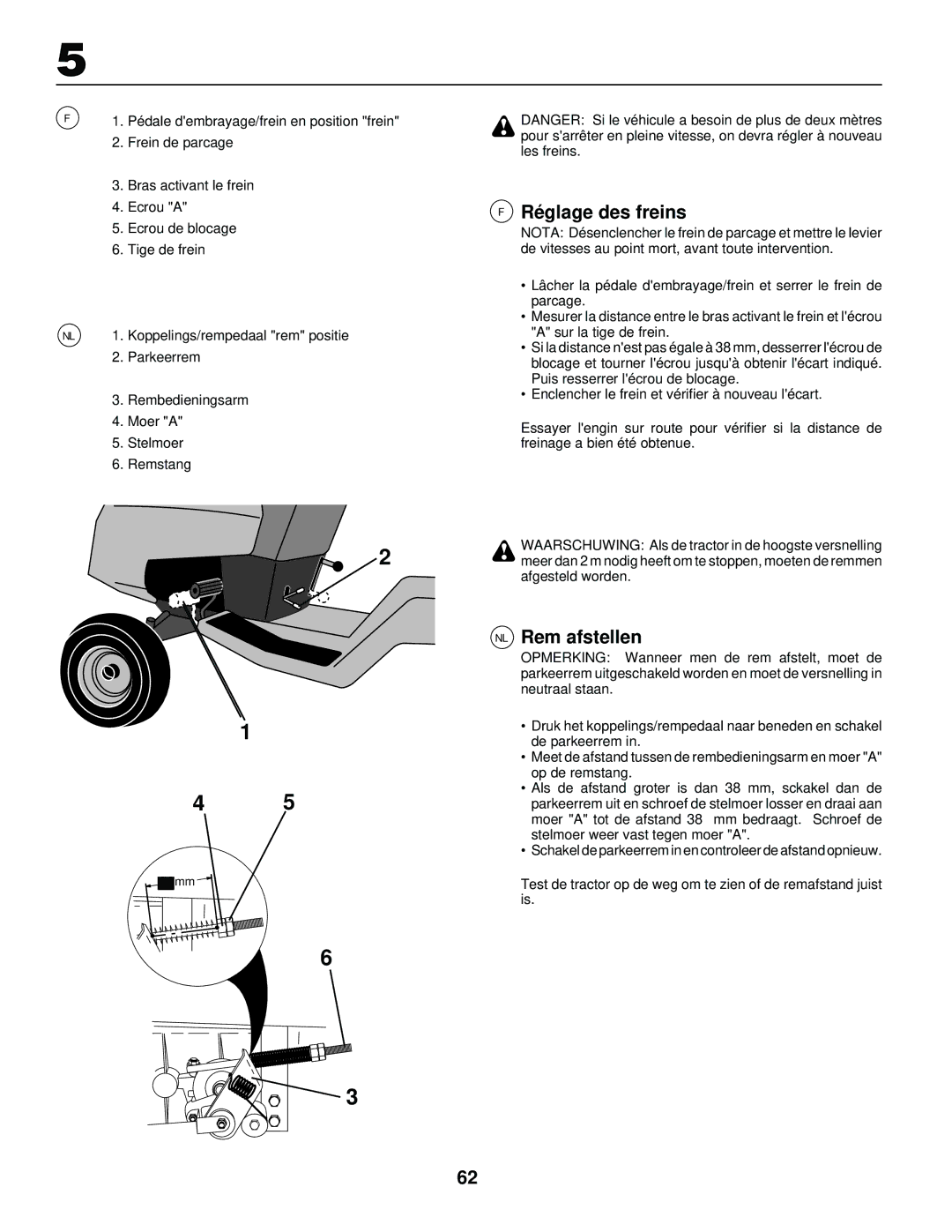 Husqvarna LR120, LR 130 instruction manual Réglage des freins, NL Rem afstellen 