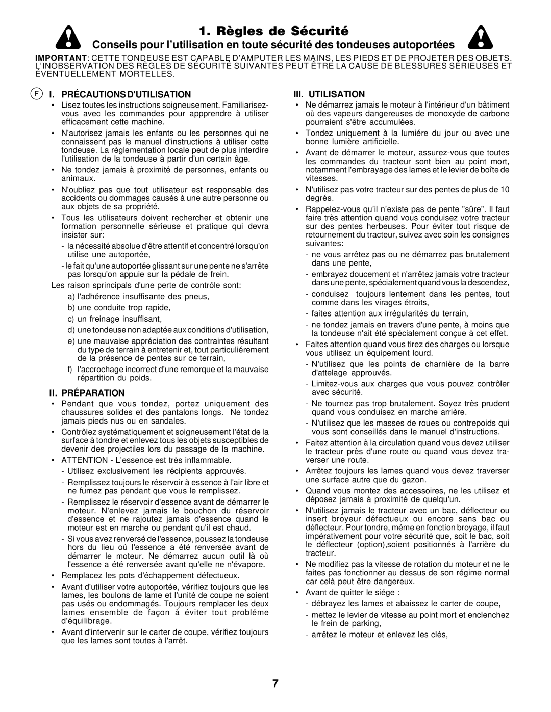 Husqvarna LR 130, LR120 instruction manual Précautions Dutilisation, II. Préparation, III. Utilisation 