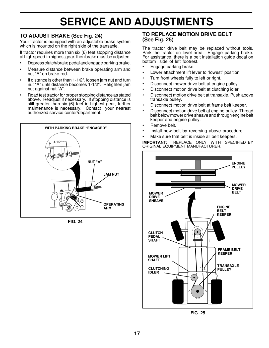 Husqvarna LR122 owner manual To Adjust Brake See Fig, To Replace Motion Drive Belt See Fig 