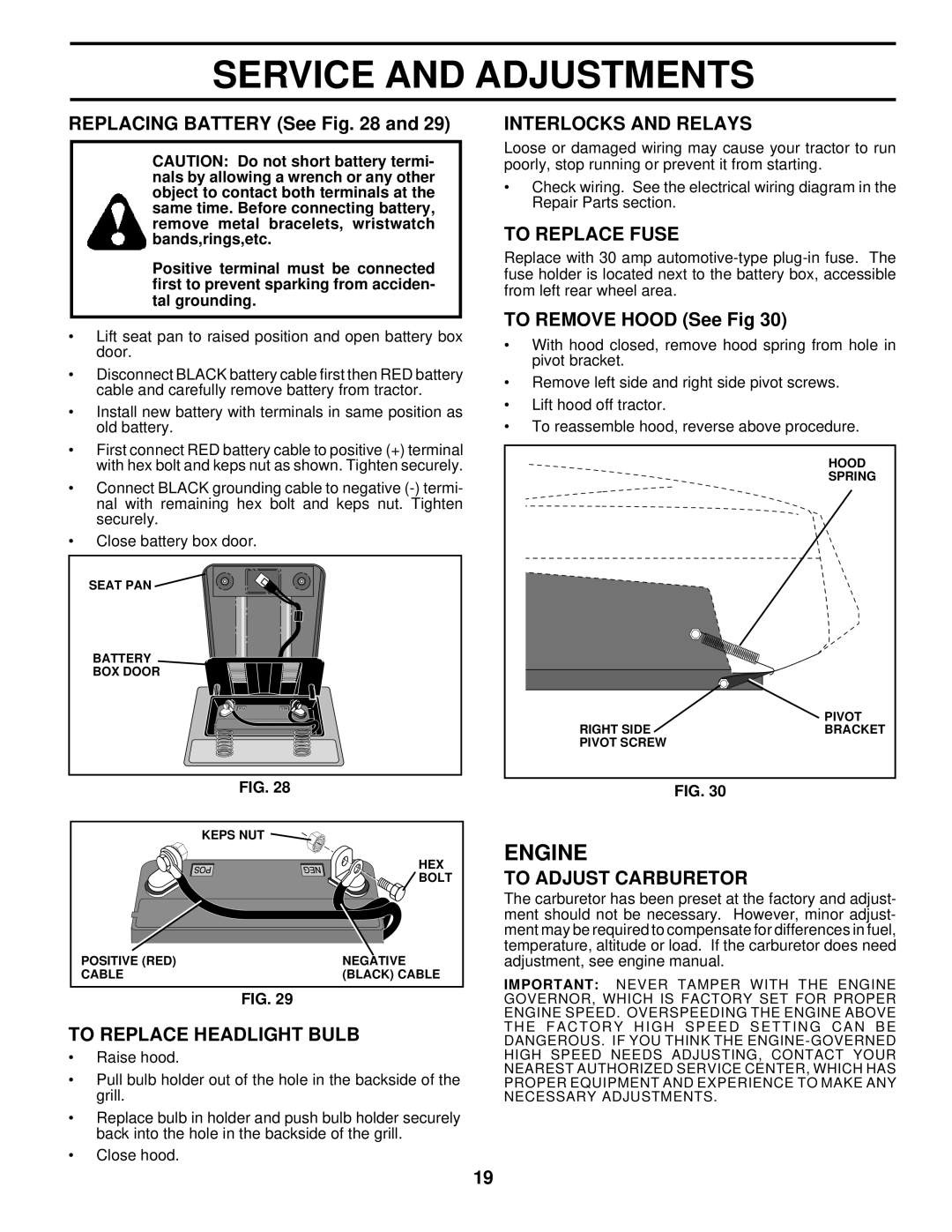 Husqvarna LR122 owner manual To Replace Headlight Bulb, Interlocks and Relays, To Replace Fuse, To Adjust Carburetor 