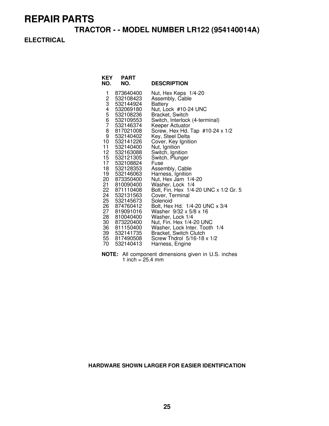 Husqvarna LR122 owner manual Hardware Shown Larger for Easier Identification 