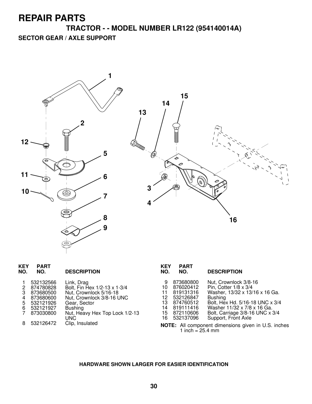 Husqvarna LR122 owner manual Sector Gear / Axle Support, Link, Drag 