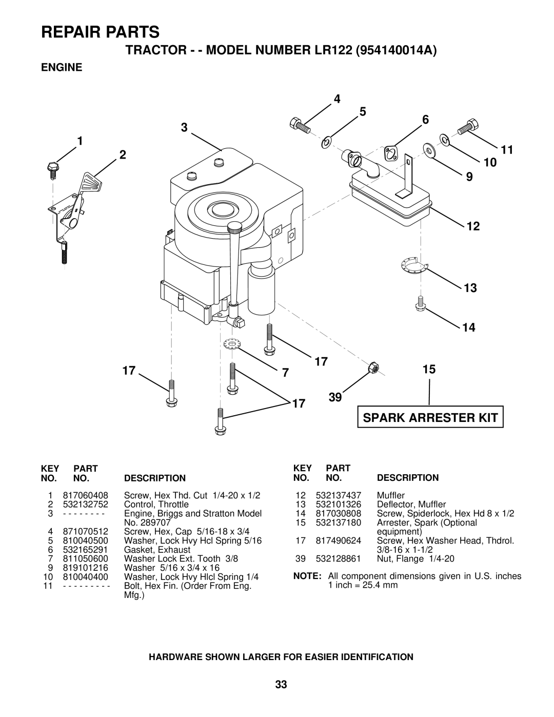 Husqvarna LR122 owner manual Spark Arrester KIT, Engine 